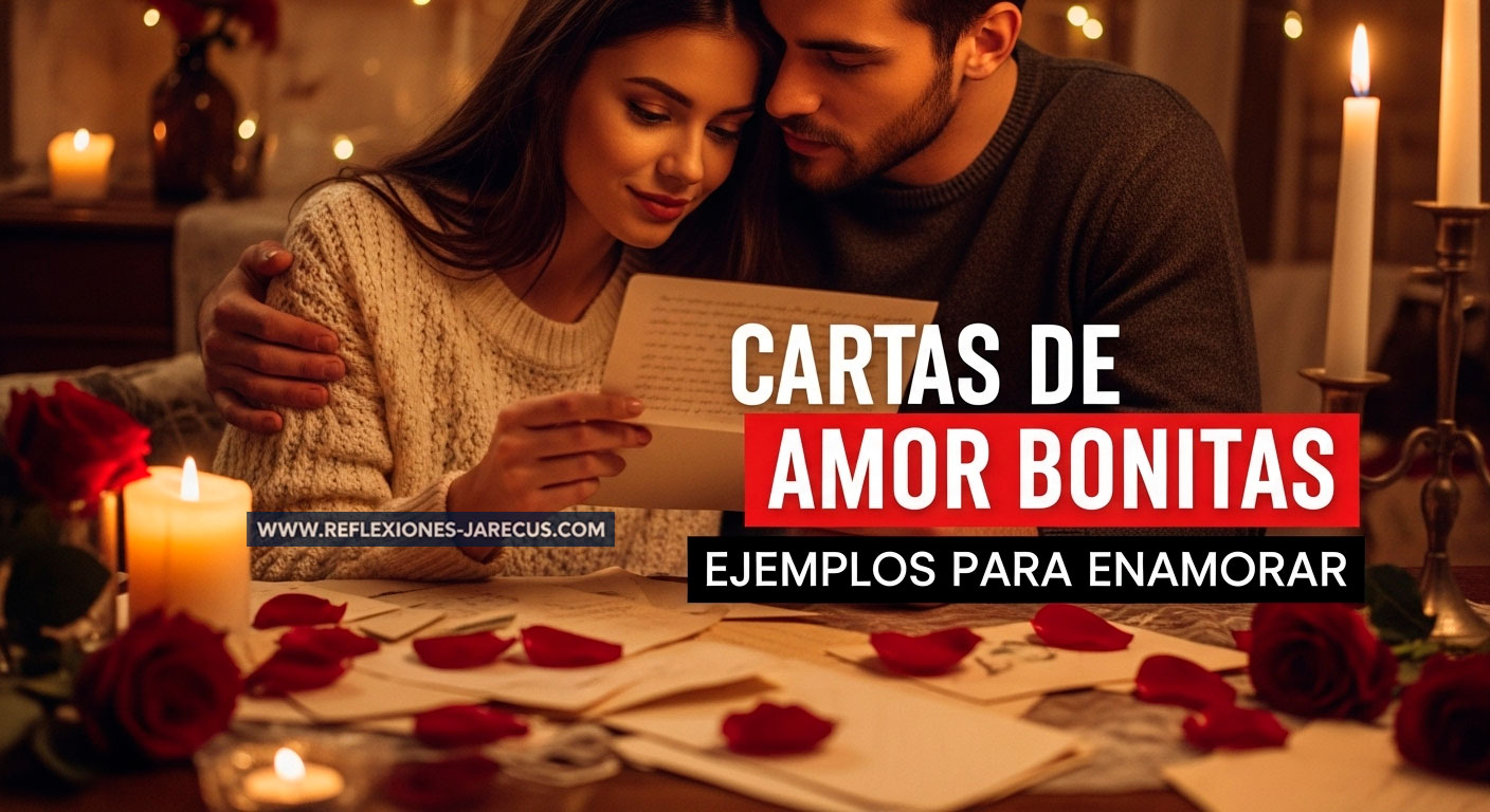 Pareja leyendo carta de amor romántica en ambiente íntimo con velas y pétalos de rosa
